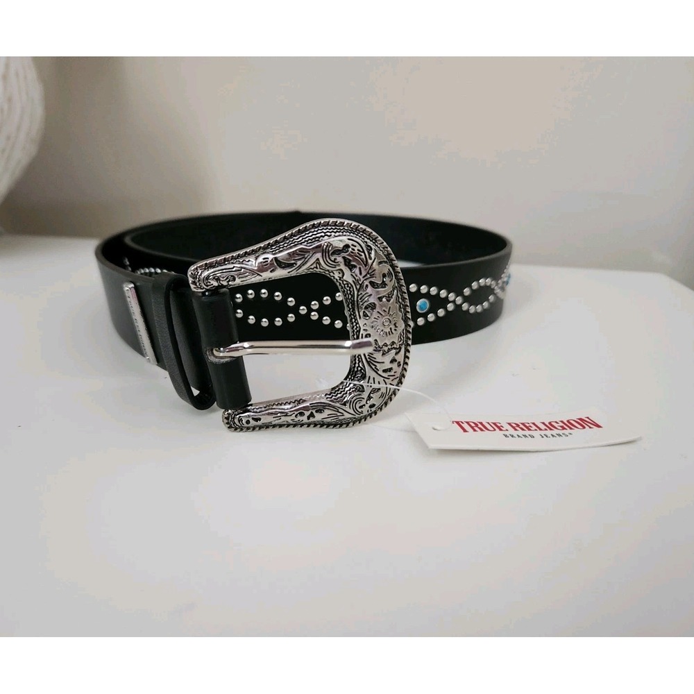 TRUE RELIGION Women Stone Embellished Southwestern Faux Leather Black Belt L/XL